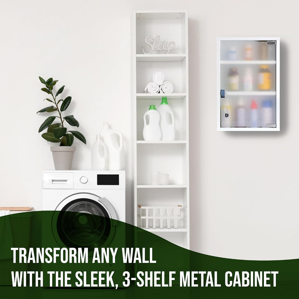 Metal Medicine Cabinet with Lock, Frosted Door, 3-Shelf, Wall Mount