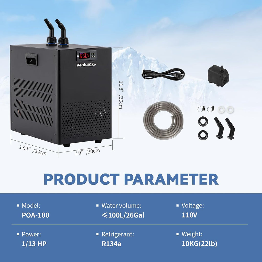Poafamx Aquarium Chiller 26gal, 1/13 HP Small Water Chiller for Axolotl