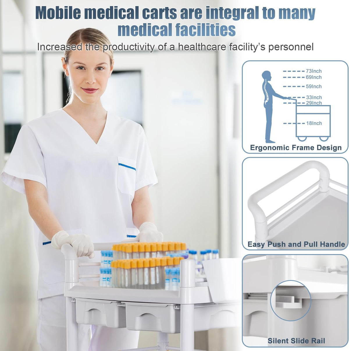 Mobile Medical Cart 3-Tier Professional Utility Cart 330 LBS Max Load
