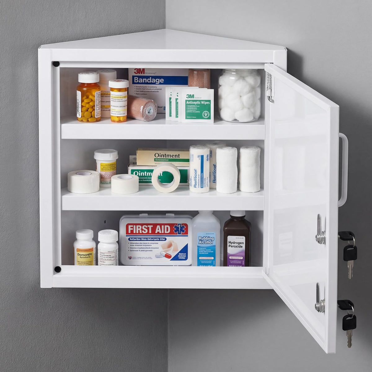 Zonon Corner Wall Cabinet with Lock, White, 21 x 16 x 6 Inch, Right Angle
