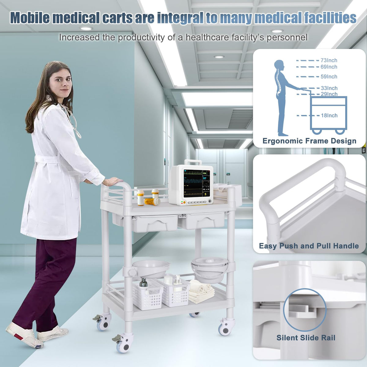 Mobile Medical Cart 3-Tier Professional Utility Cart 330 LBS Max Load