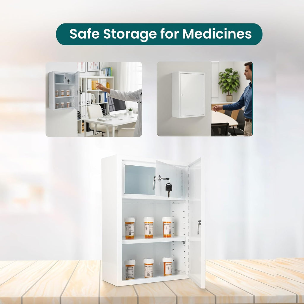 Double Locking Medicine Cabinet, Metal, 12" W x 18" H x 6" D