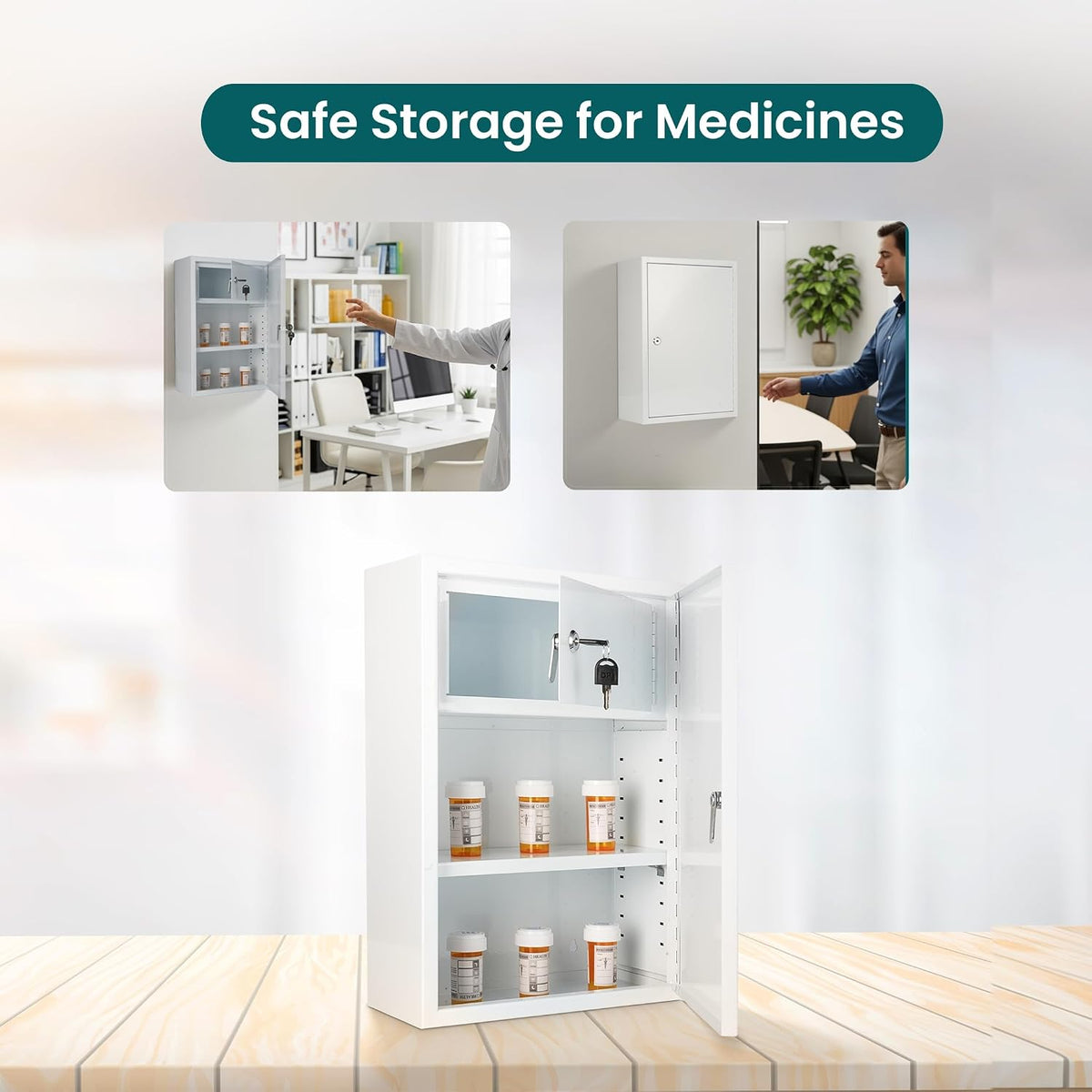 Double Locking Medicine Cabinet, Metal, 12" W x 18" H x 6" D