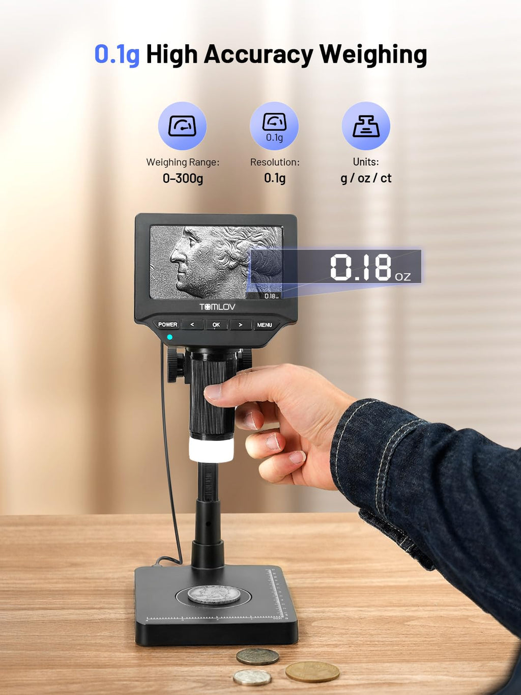 TOMLOV Coin Microscope with Weighing Scale, 7" Digital Magnifier DM4W Max