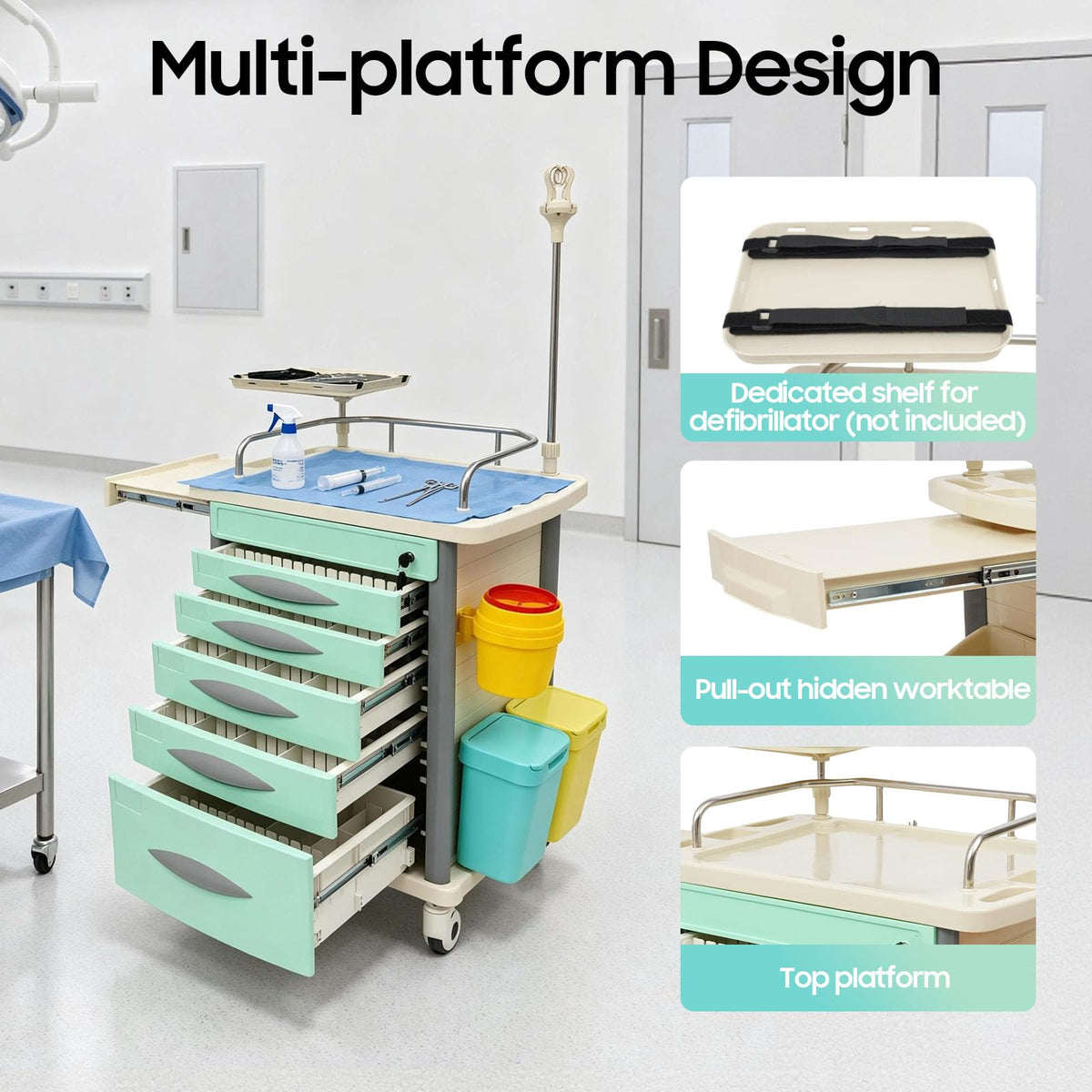 Medical Rolling Crash Cart with Accessories-CPR Board, 2 Trash Bin, Power Strip, Drawers with Dividers, Mobile Medical Cart for Clinic, Hospital, Nursing Center, Salon, 29.53 * 18.7 * 37.4in (Red)