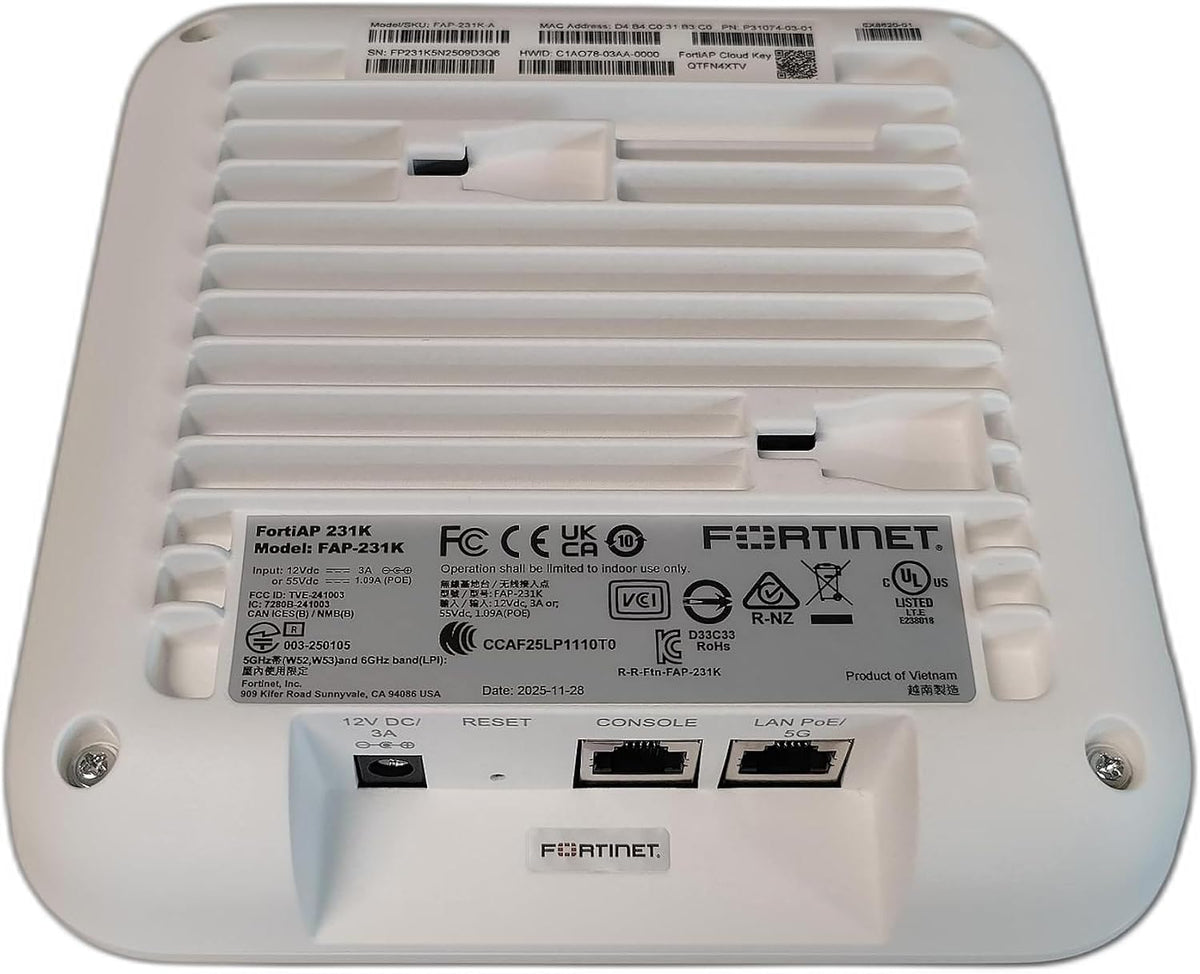 Fortinet - FAP-231K-A - Fortinet FortiAP 231K Tri Band Wi-Fi 7 IEEE 802.11a/b/g/n/ac/ax/be/e/h/i/j/k/r/v 9.32 Gbit/s