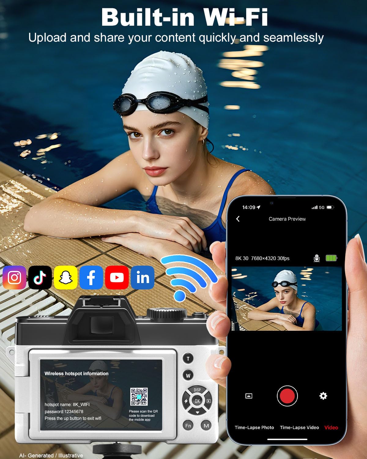 True 8K 64MP Digital Camera for Photography with Microphone(Black)