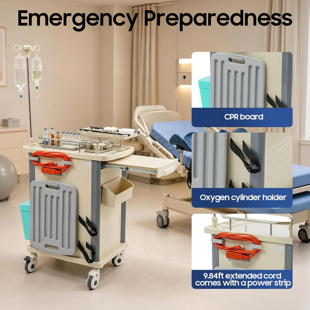 Medical Rolling Crash Cart with Accessories-CPR Board, 2 Trash Bin, Power Strip, Drawers with Dividers, Mobile Medical Cart for Clinic, Hospital, Nursing Center, Salon, 29.53 * 18.7 * 37.4in (Red)
