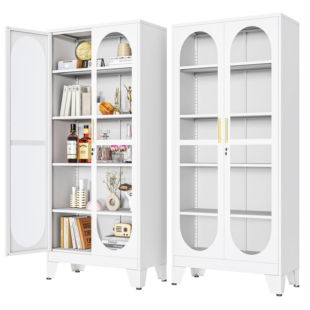 PAOFIN 47" H Locking Display Cabinet with Glass Door, Metal Cabinets with 3 Adjustable Shelves, Cabinet Display Case for Living Room, Collectibles, Clinic, Home - Assembly Required White