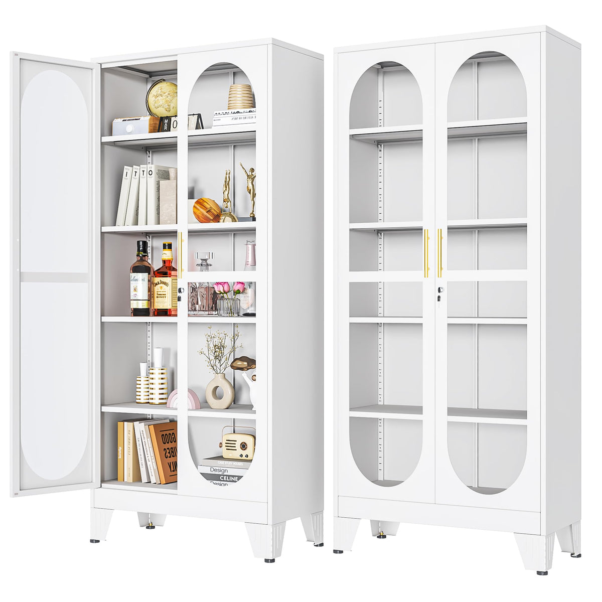 PAOFIN 47" H Locking Display Cabinet with Glass Door, Metal Cabinets with 3 Adjustable Shelves, Cabinet Display Case for Living Room, Collectibles, Clinic, Home - Assembly Required White
