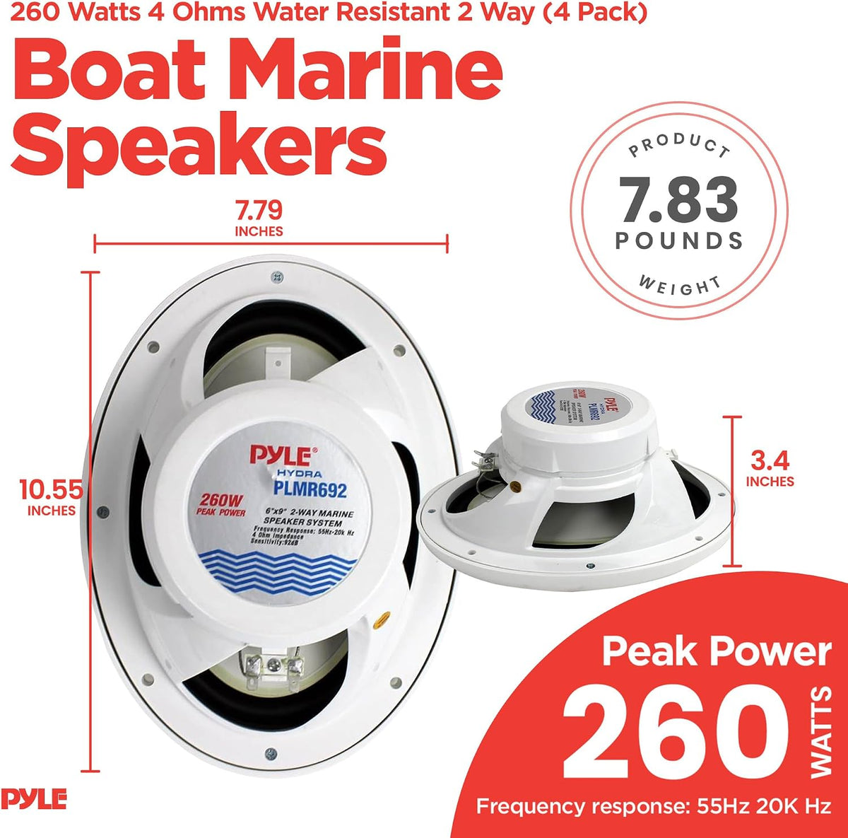Pyle 6 x 9 Inch 260W Water-Resistant Marine Audio Speakers, White, 4-Pack