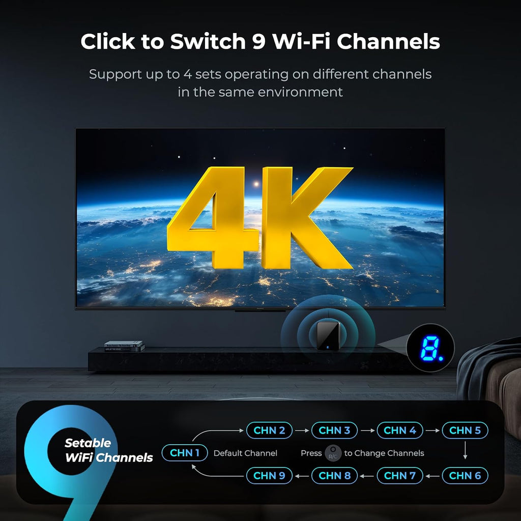 Wireless HDMI Transmitter and Receiver 4K BIN-910, 400FT/120M Long Range, 9 Adjustable Channels, 1TX to 3RXâ Stream HD Video/Audio from Laptop, PC, Camera to TV, Projector, Monitor