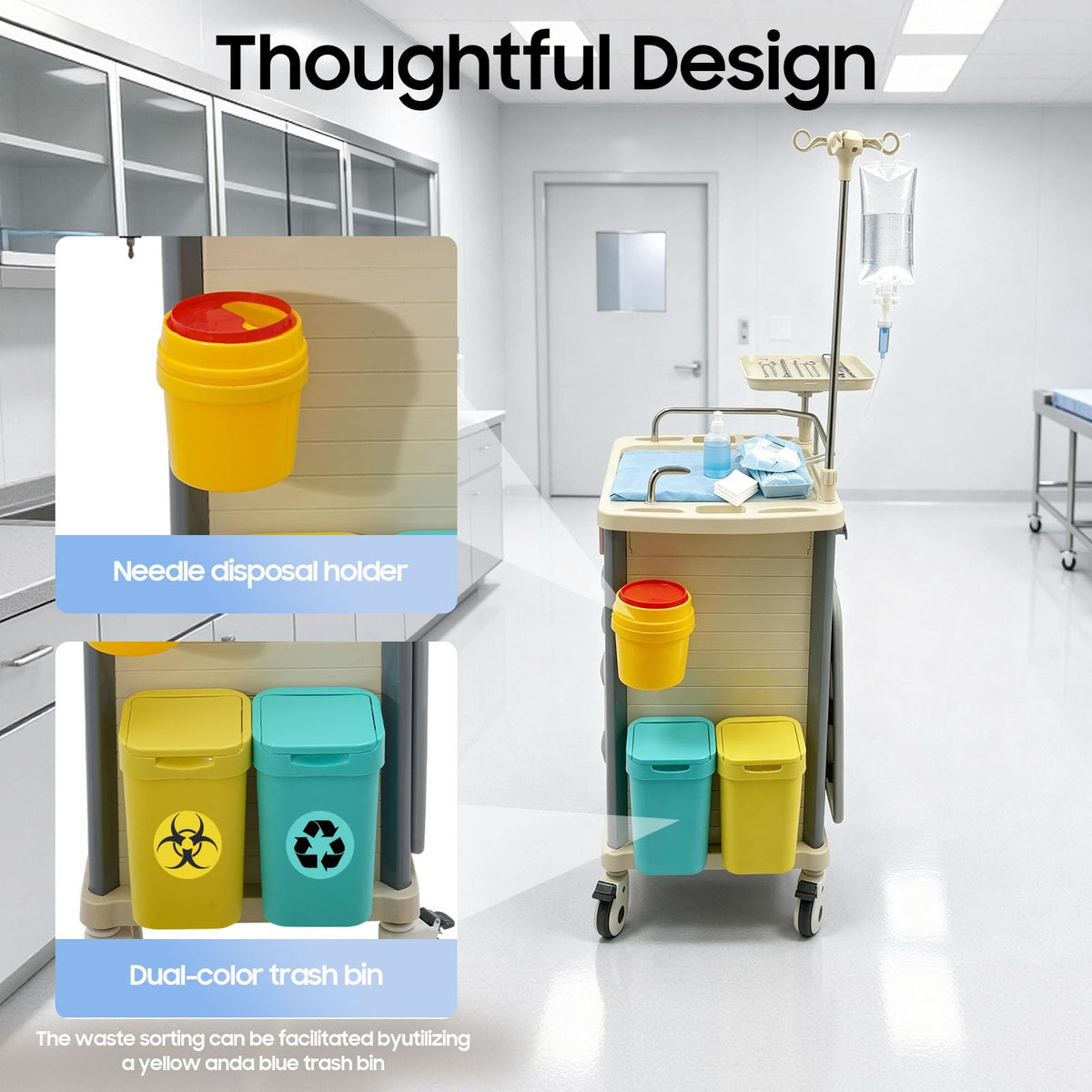 Medical Rolling Crash Cart with Accessories-CPR Board, 2 Trash Bin, Power Strip, Drawers with Dividers, Mobile Medical Cart for Clinic, Hospital, Nursing Center, Salon, 29.53 * 18.7 * 37.4in (Red)