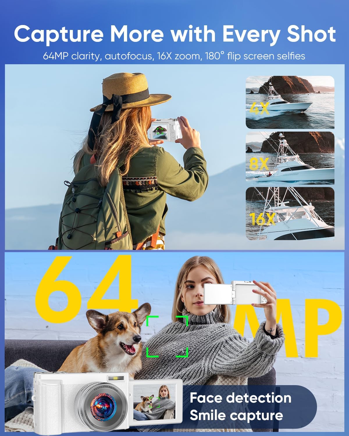 2026 Upgraded 64MP Digital Camera 4K WiFi 180Â° Flip Screen Autofocus, White