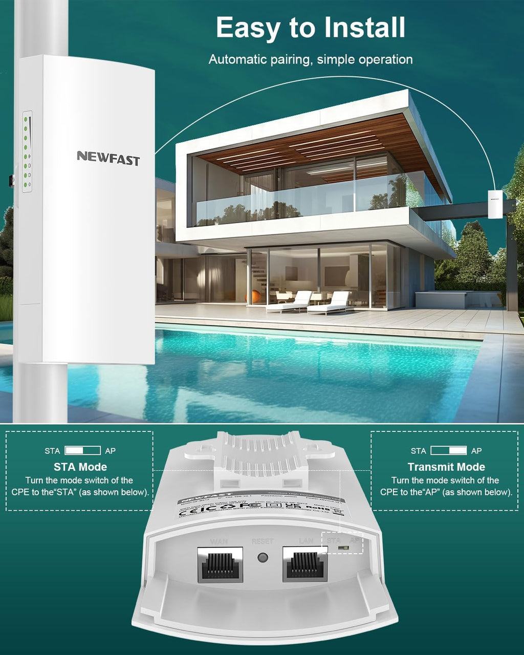 NEWFAST Bridge Point to Point Outdoor B912, 5.8G 3Km Long Range Wi-Fi Bridge IP65 Outdoor Access Point, 300Mbps Wireless Bridge for Extend Network to Barn and Surveillance Range, 2 PCS