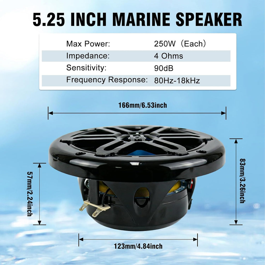 Herdio 5.25 Inch 250W Bluetooth Marine Speakers with Blue LED Light - 2 Way Waterproof Coaxial Speakers for Boats, ATVs, UTVs (A Pair, Black)
