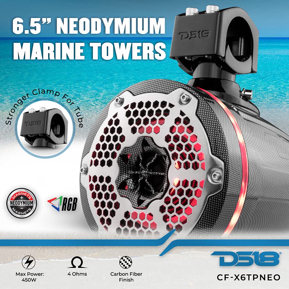 DS18 CF-X10TPNEO 10" Neodymium Marine Wakeboard Tower Speakers with Bullet Tweeter, Passive Radiator and RGB LED Lights - High Performance, Marine Grade IP65 Rated, 900W Max 300W RMS 4 Ohms (Pair)