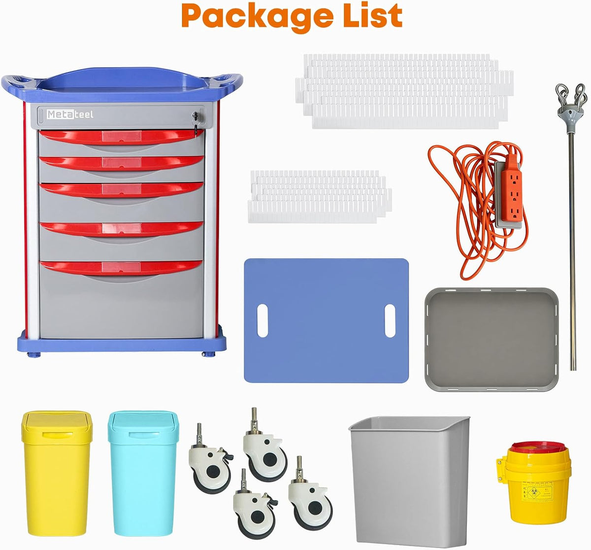 5-Tier Medical Cart with Wheels, Hospital Emergency Rolling Crash Carts with Adjustable IV Pole, Cardiac Board, O2 Holder, Power Strip, Trash Bin - Ideal Nursing Cart for Clinics, Hospitals