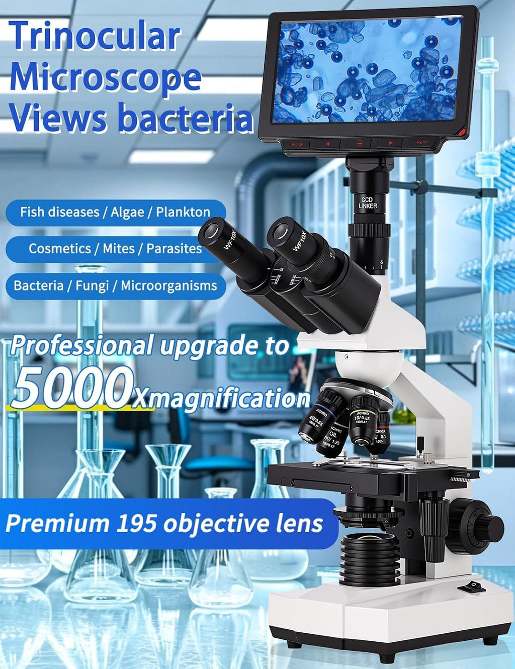 Microscope for Adult,with7'' HD Display,WF10&25X Eyepieces,40-5000X Magnification,Dual Mechanical Stages and Abbe Condenser,Includes 40 PCS Specimens,Suitable for Labs & Schools