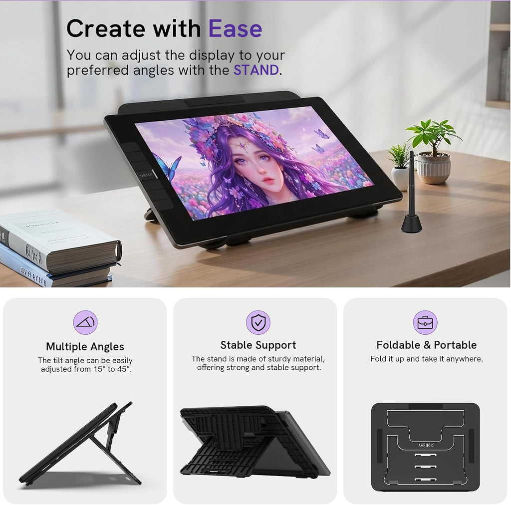 VEIKK VK1200 V3 Drawing Tablet with Screen 11.6 Inch Full Laminated Pen Display, 16384 Levels Pressure Sensitivity, with Adjustable Stand, 2 Battery-Free Pens & Glove