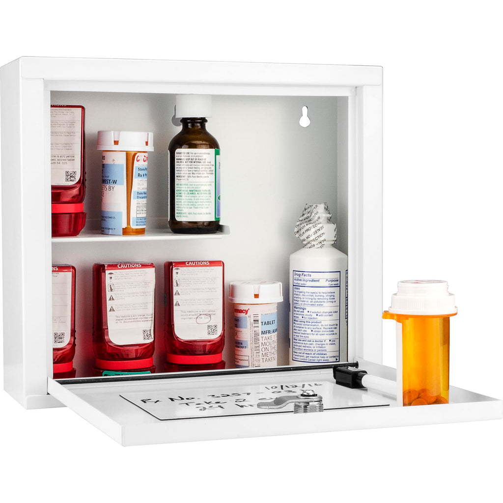 Barska Large Medical Cabinet â Locking Steel Medicine Storage Box with Shelves, Drop-Down Tray, Magnetic Dry Erase Pad, and Wall Mounting Holes - medicine cabinet organizer - Lock Box First Aid