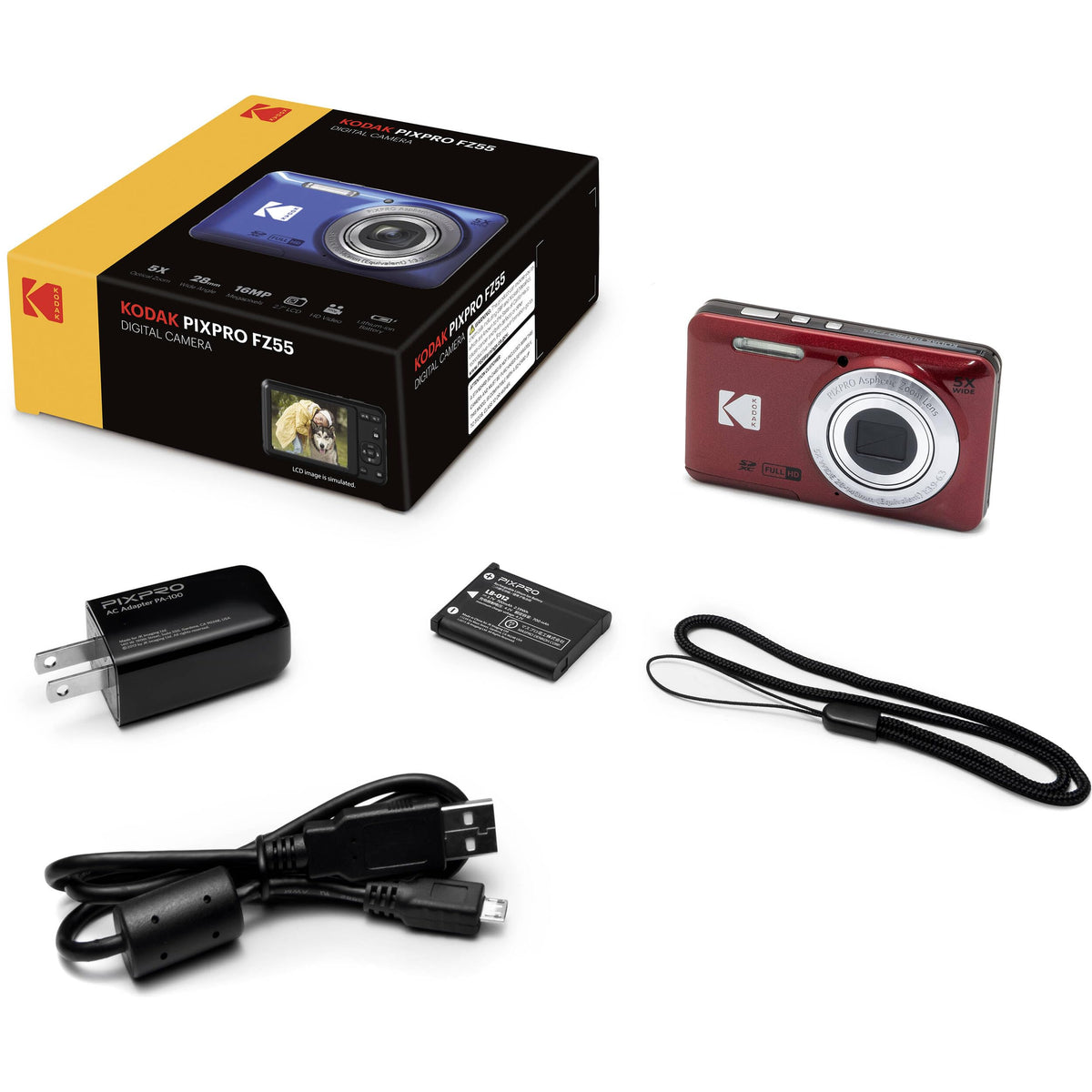 Kodak PIXPRO FZ55 Black 16MP Digital Camera 5X Optical Zoom 28mm Wide Angle 1080P Full HD Video 2.7" LCD Camera + 64GB Card and Reader + Memory Wallet