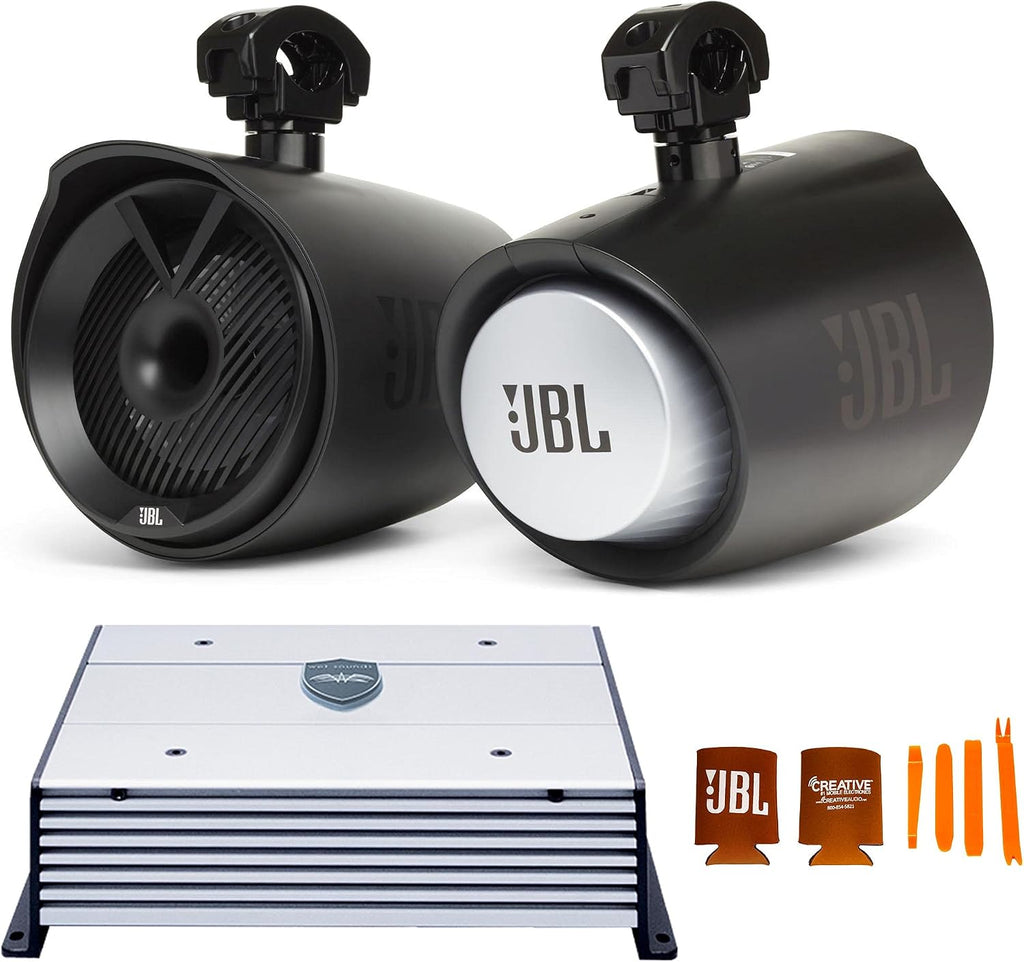 JBL MT8HLB 8" 2-Way Marine Tower Speaker with 1" Horn Loaded Compression Tweeter â Black & Wet Sounds HTX2 2 Ch. Amp