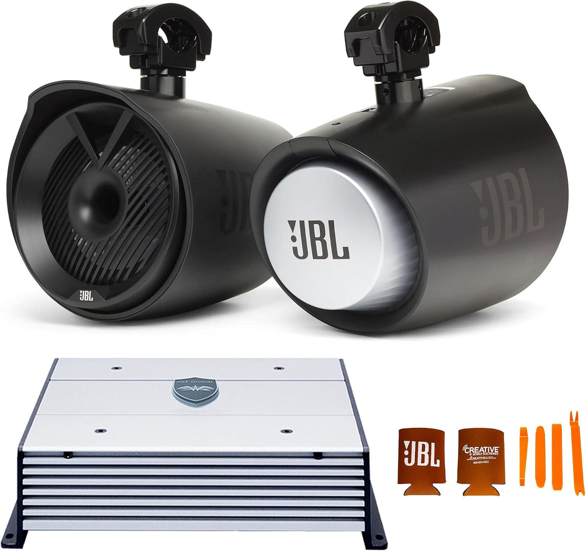 JBL MT8HLB 8" 2-Way Marine Tower Speaker with 1" Horn Loaded Compression Tweeter â Black & Wet Sounds HTX2 2 Ch. Amp