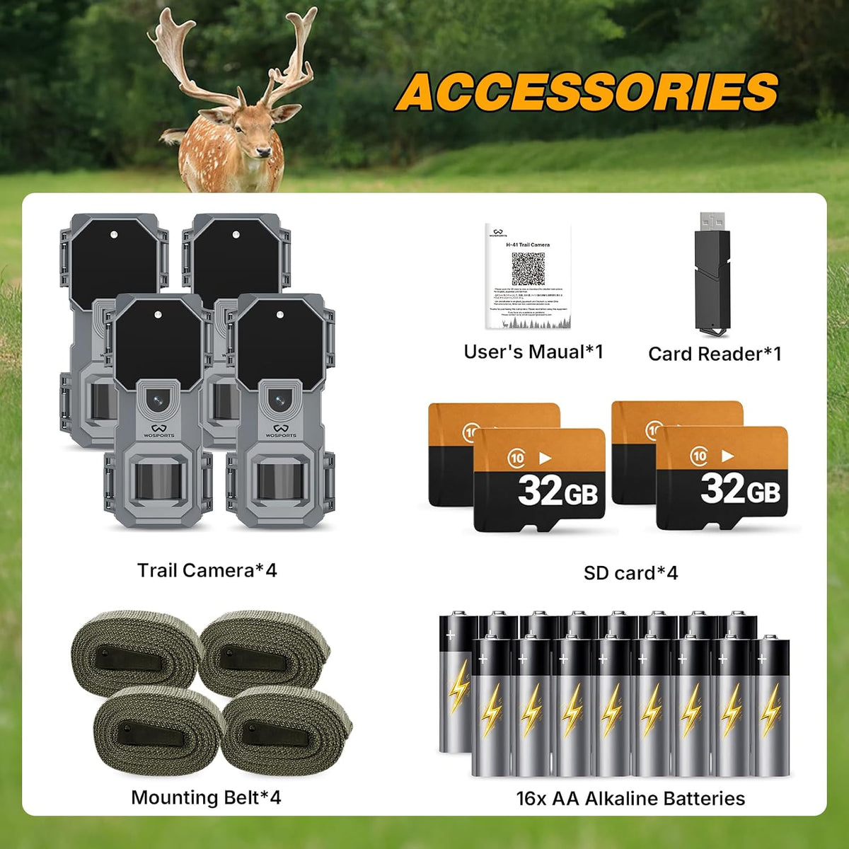 WOSPORTS Mini Trail Camera 4 Pack 32MP 1080P HD Deer Camera with 32GB SD Card Game Cameras with Night Vision Motion Activated Waterproof with Card Reader