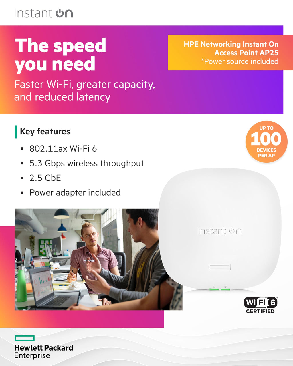 HPE Networking Instant On Access Point AP25 4x4 WiFi 6 Indoor Wireless Access Point | Power Source Not Included | US Model (R9B27A), Dual-Band