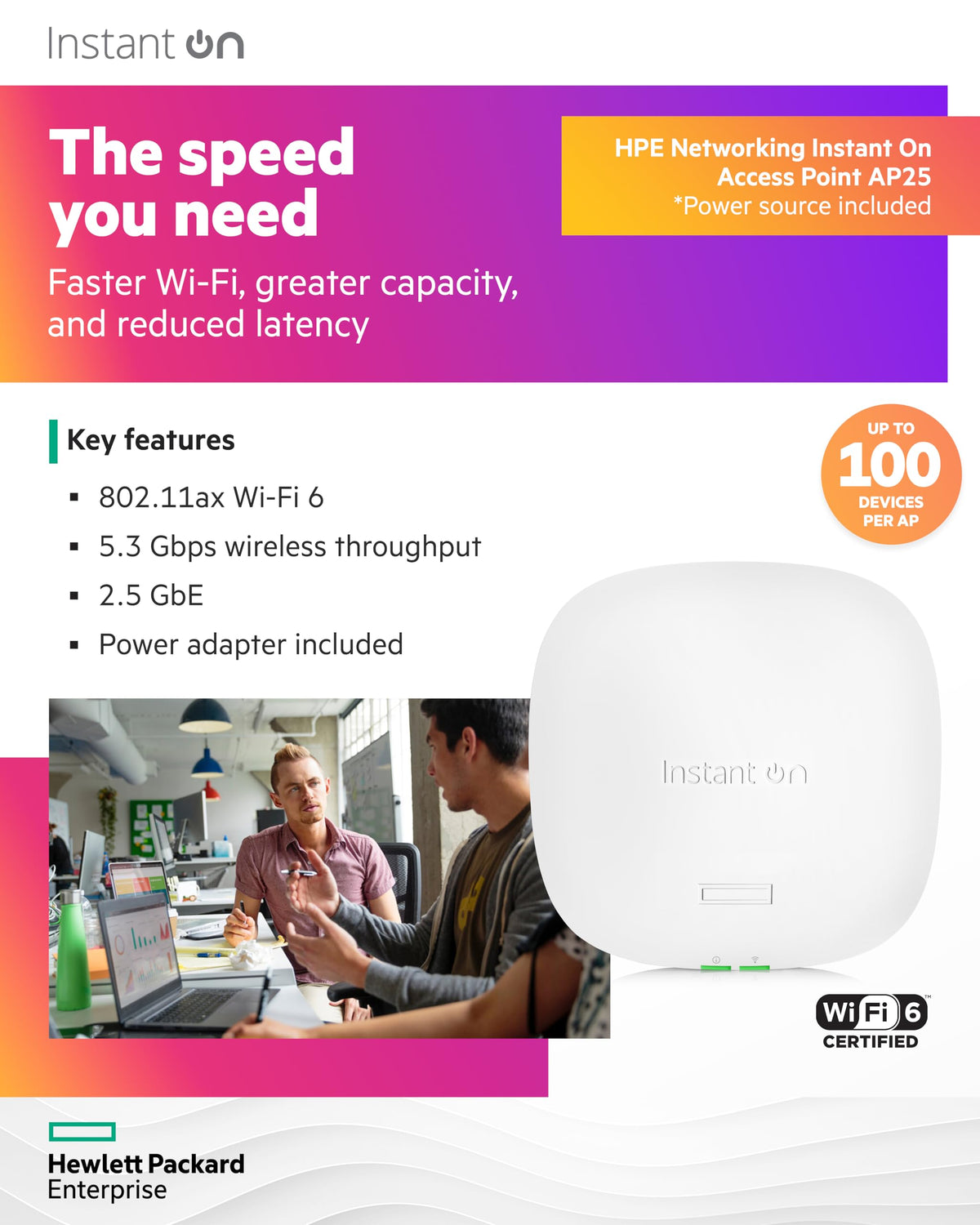HPE Networking Instant On Access Point AP25 4x4 WiFi 6 Indoor Wireless Access Point | Power Source Not Included | US Model (R9B27A), Dual-Band