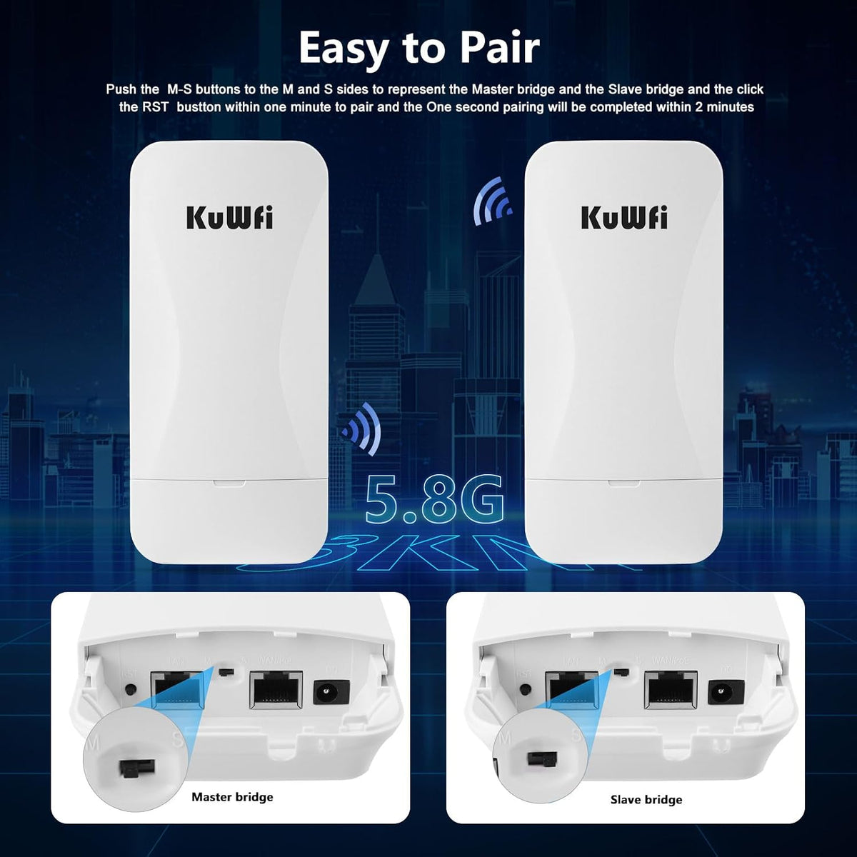 KuWFi Wireless Bridge Point to Point Outdoor 3KM Long Range WiFi Bridge