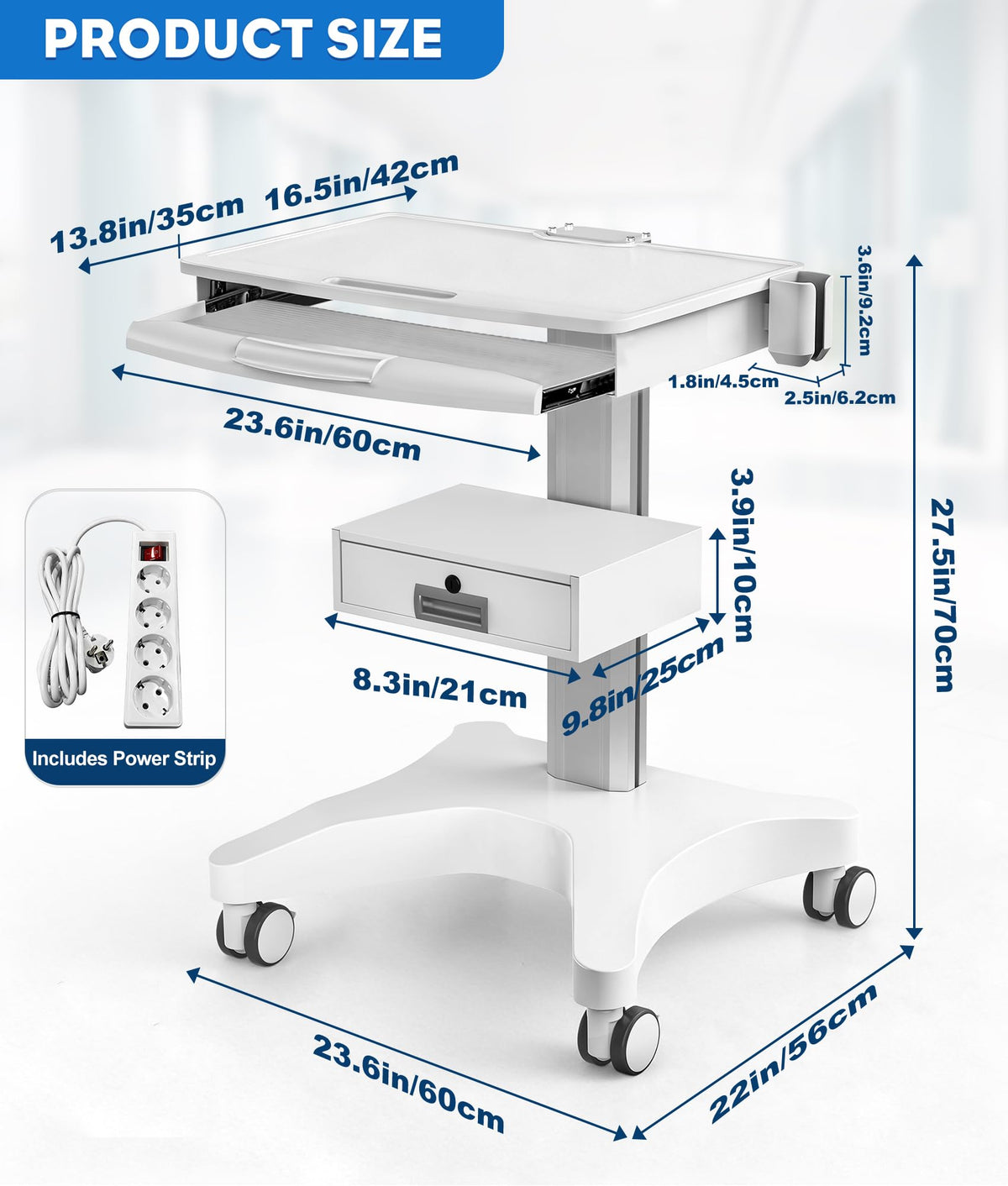 Medical Rolling Crash Cart with 5 Drawers, Emergency Cart with Power Strip, Central Lock, IV Pole, O2 Holder, Defibrillator Shelf, CPR Board for Hospital Clinic