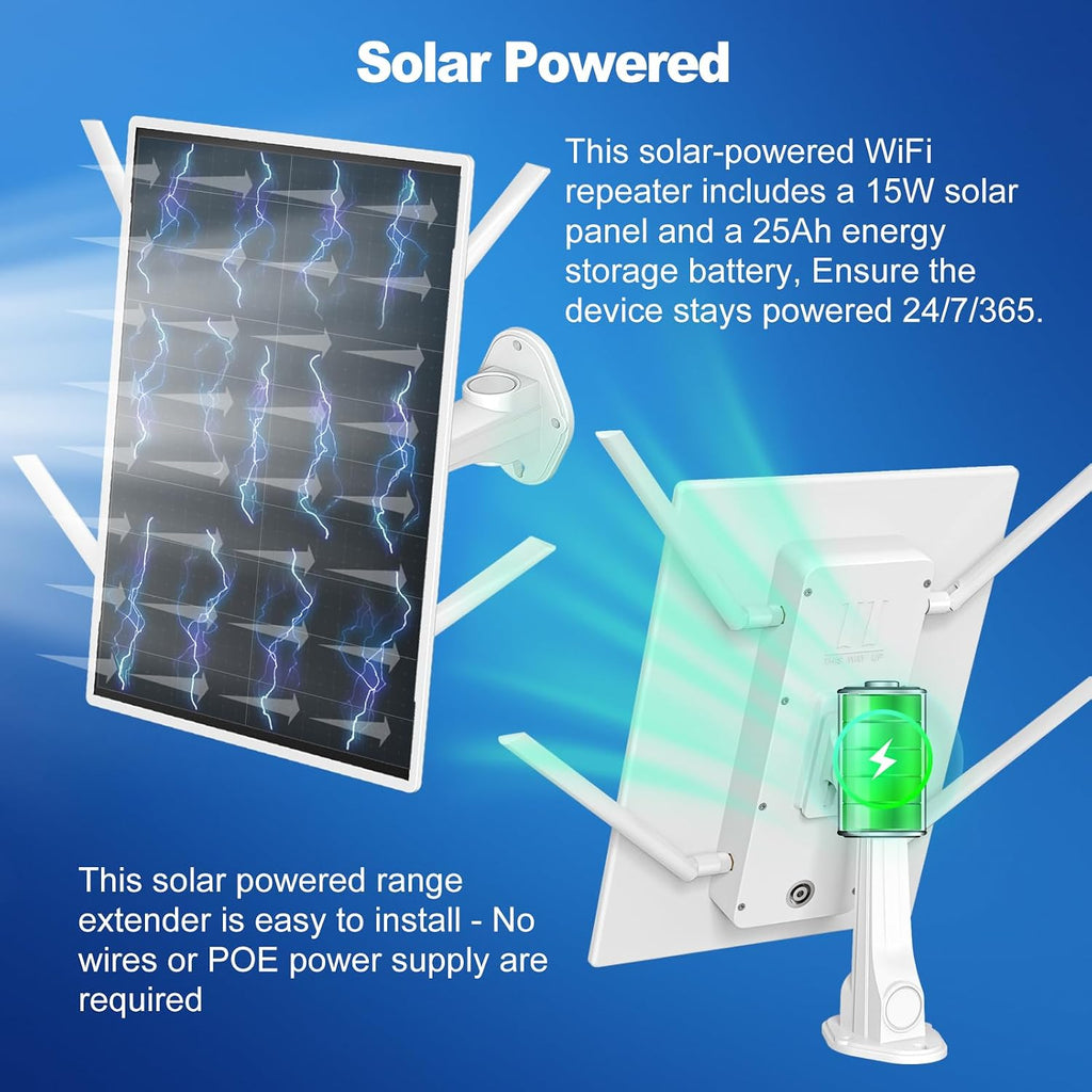 Outdoor WiFi Extender Signal Booster for Security Camera - (2nd Gen) Solar-Powered WiFi Repeater with Long Range | IP65 Waterproof Wi-Fi Access Point for Villa, Farms, Yards, RVs & Campsites