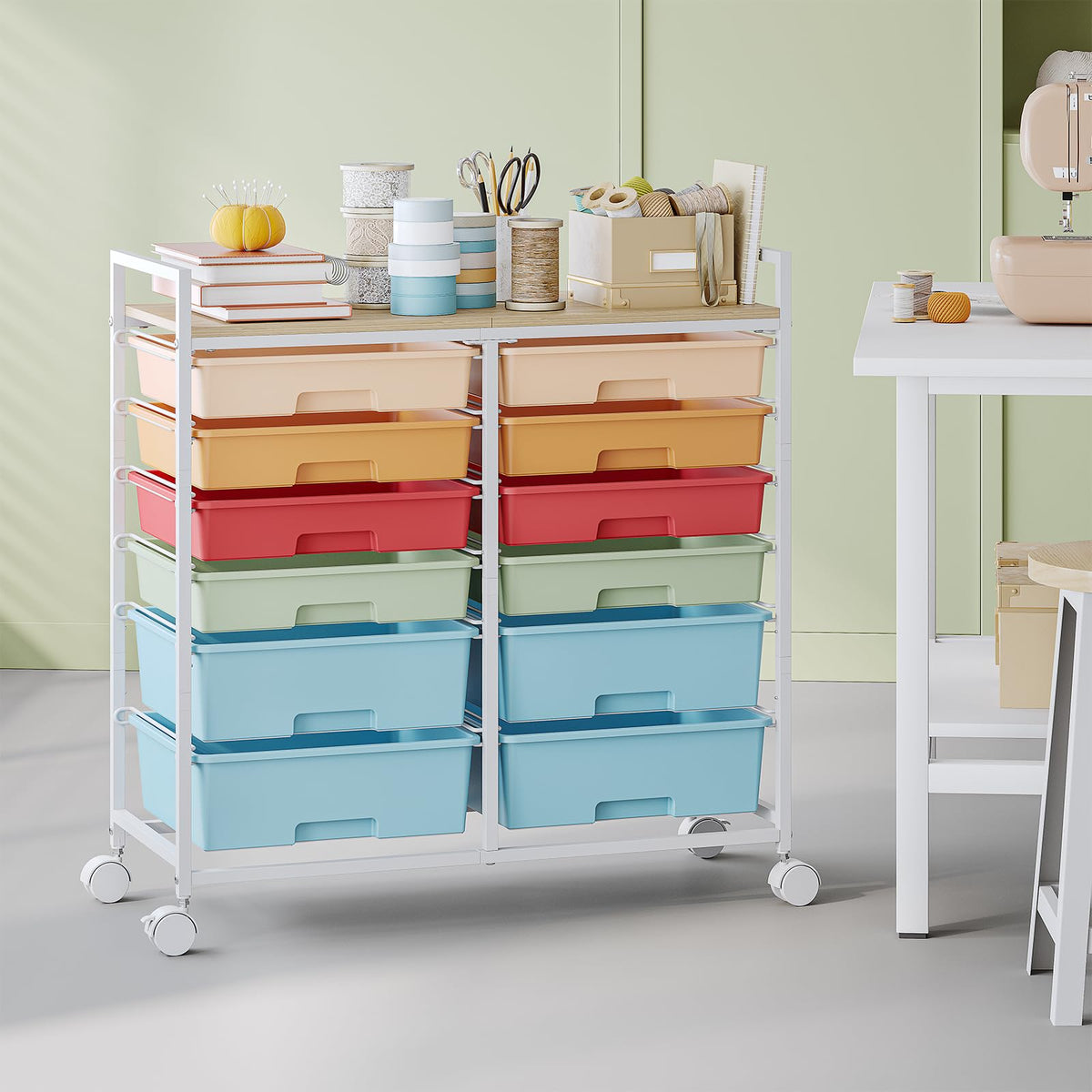 TOOLF 12 Drawers Rolling Storage Cart with Wooden Top for Classroom,White