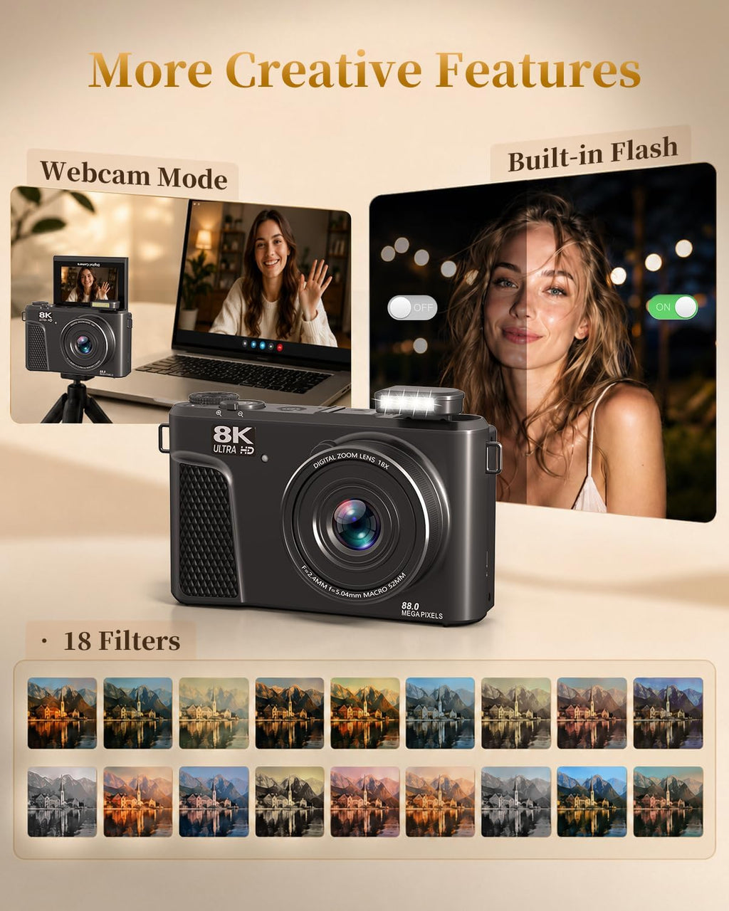 8K Digital Camera, 88MP Autofocus Camera for Beginners & Photography, WiFi