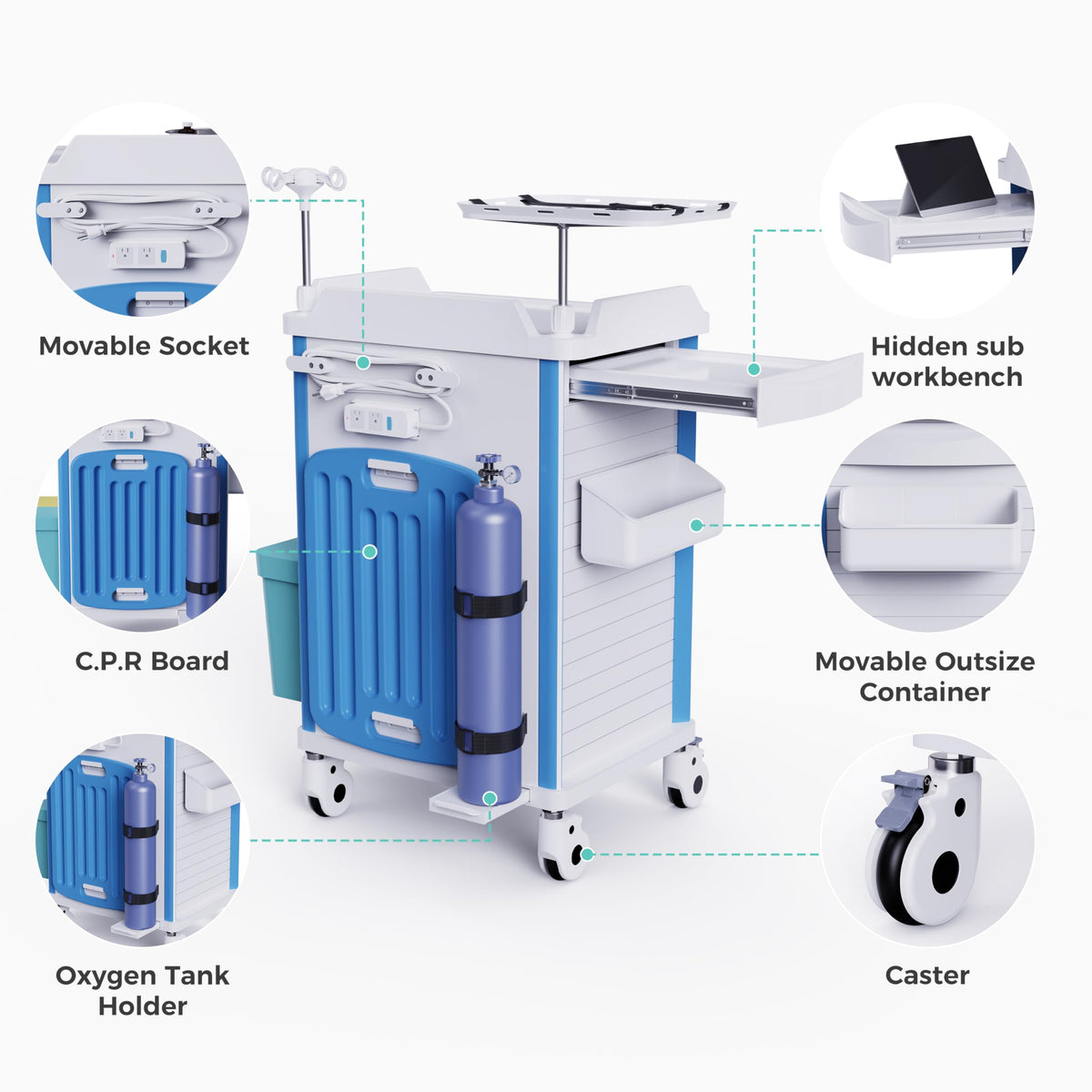 Medical Rolling Crash Cart with Integrated Medical Countertop