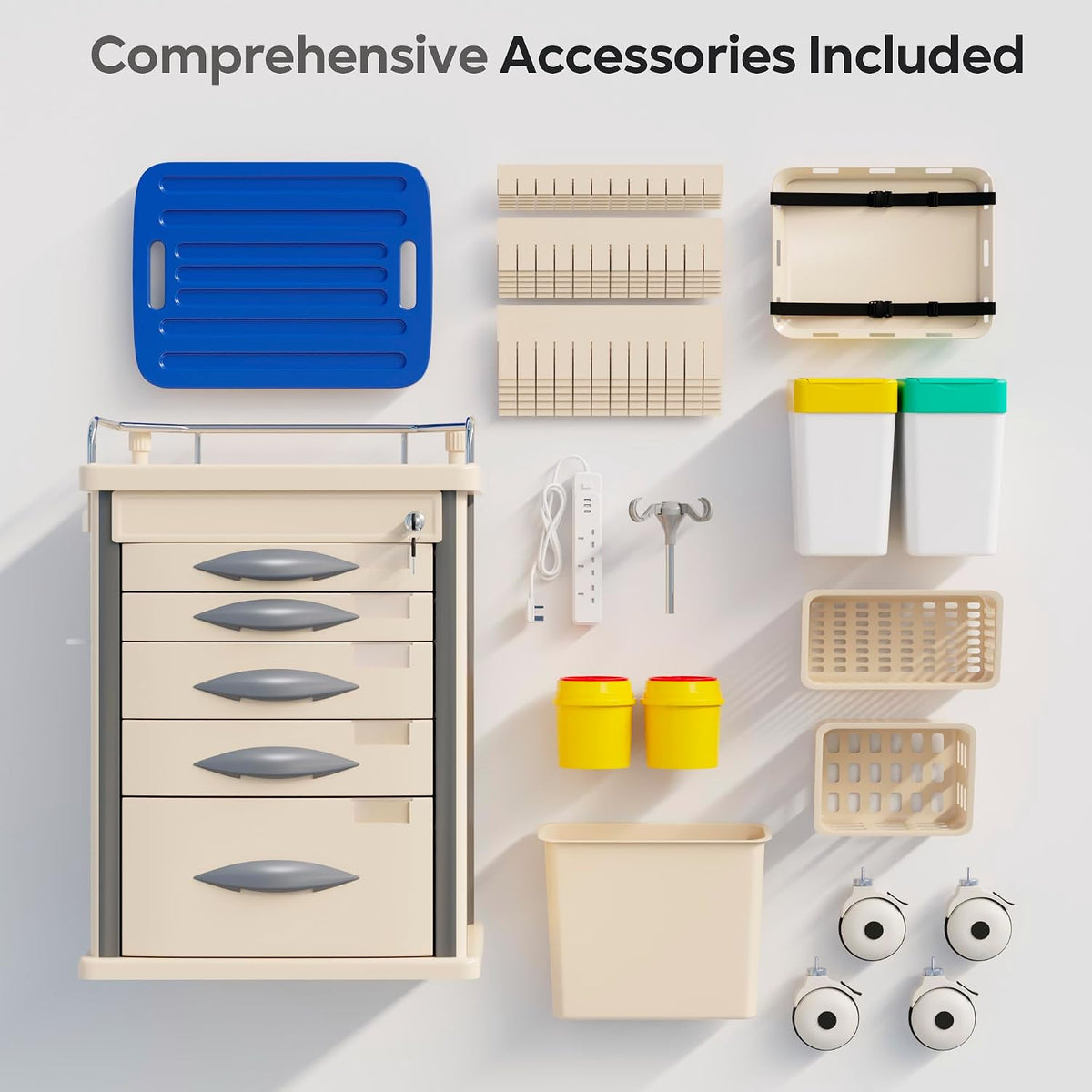 Medical Rolling Storage Crash Cart with Wheels, 5-Tier Medical Cart with Drawers, Adjustable IV Pole, Trash Bin & O2 Holder, Needle Disposal Holder, Silent Casters, Ideal for Hospitals (Grey)