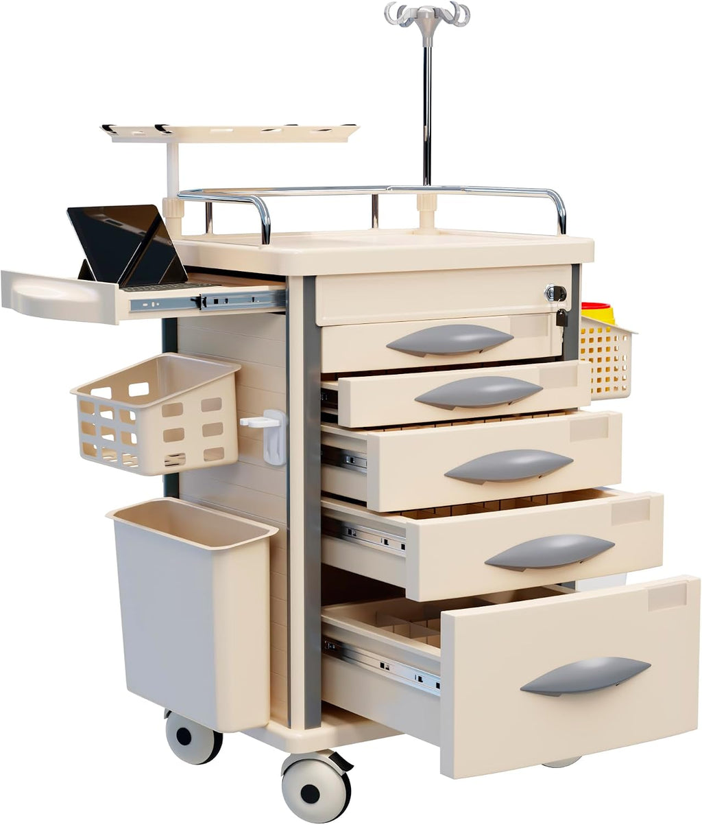 Medical Rolling Storage Crash Cart with Wheels, 5-Tier Medical Cart with Drawers, Adjustable IV Pole, Trash Bin & O2 Holder, Needle Disposal Holder, Silent Casters, Ideal for Hospitals (Grey)