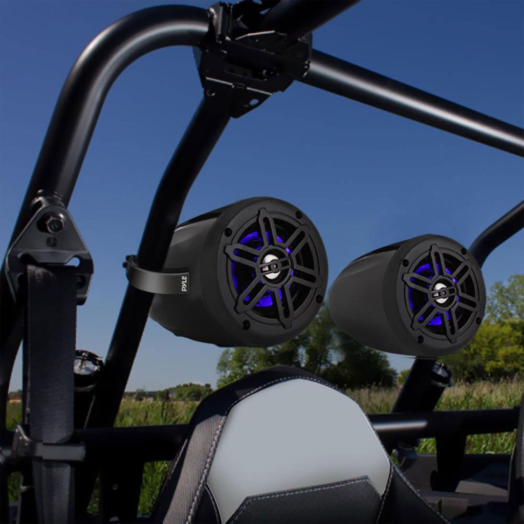 Pyle Waterproof Marine Wakeboard Tower Speakers - 4in Dual Subwoofer Speaker Set w/LED Lights & Bluetooth for Wireless Music Streaming - Boat Audio System w/Mounting Clamps PLMRLEWB47WB (White)