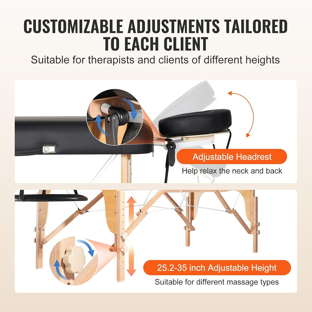 VEVOR Professional Wide Massage Table 30" W, Heavy Duty Folding Massage Table, 750LBS, 8-Level Height Adjustable Facial Salon Tattoo Bed, Portable Spa Table with Headrest, Hand Pallet & Carrying Bag