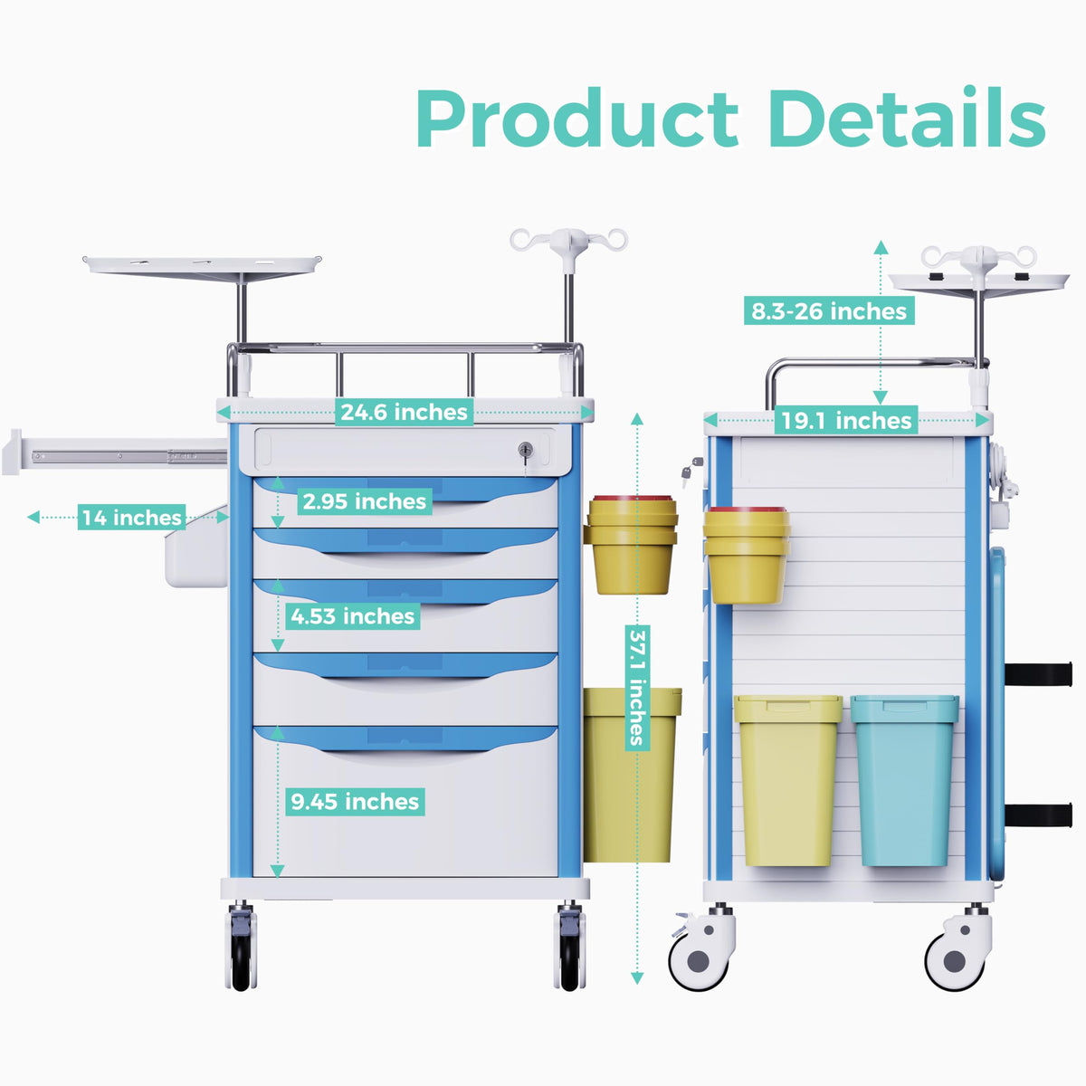 Medical Rolling Crash Cart with Integrated Medical Countertop