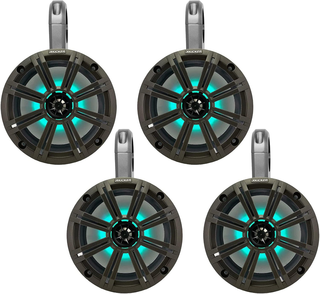 2 Pair (QTY 4) of Kicker 8" 2-Way 300 Watts Max Power Coaxial Marine Audio MultiColor LED Speakers with Charcoal Grilles, (QTY 4) 8" Marine Tower Speaker Enclosures - Black