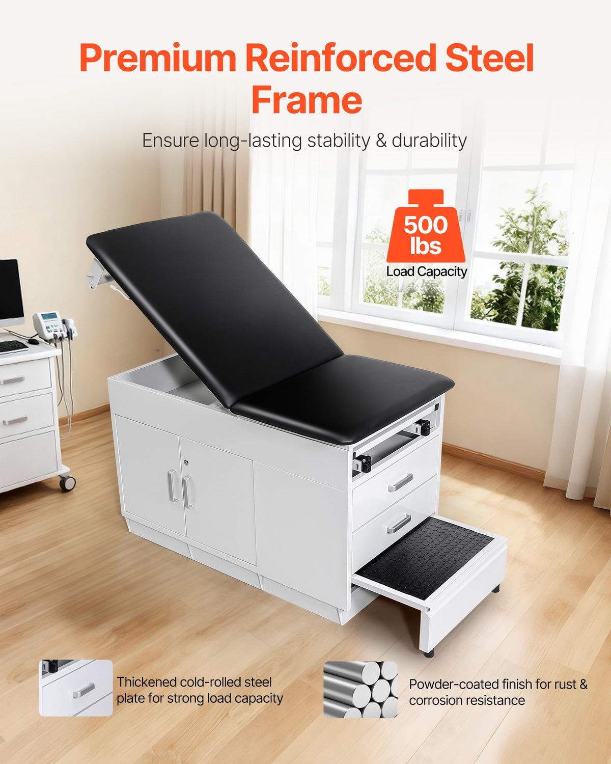 VEVOR Medical Exam Table, 500LBS Loading Medical Examination Bed with 0Â°â40Â° Adjustable Backrest, Physical Therapy Exam Table with Storage Shelf & Paper Roll Dispenser for Hospital Clinic Rehab Center