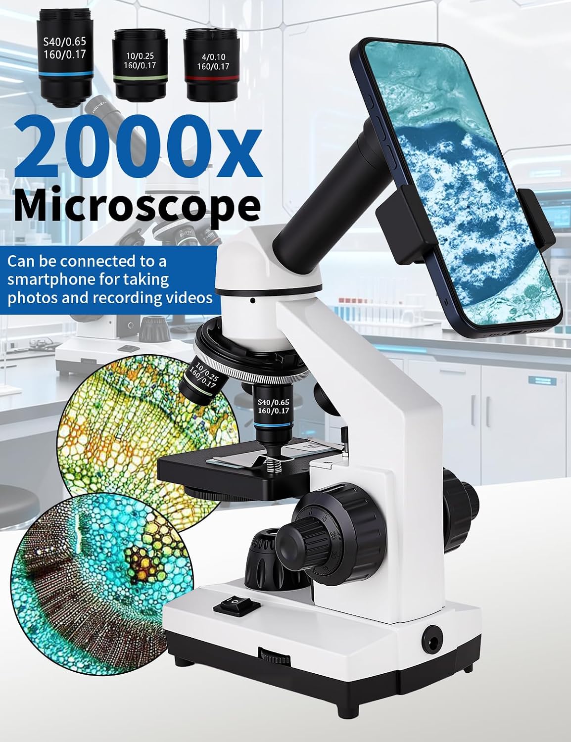Microscope for Adults,WF10x/25x Eyepieces,40xâ2000x Magnification,Up/Down LED,Comes with a Free Experiment Kit & Phone Adapter.Suitable for Students Home and School Lab