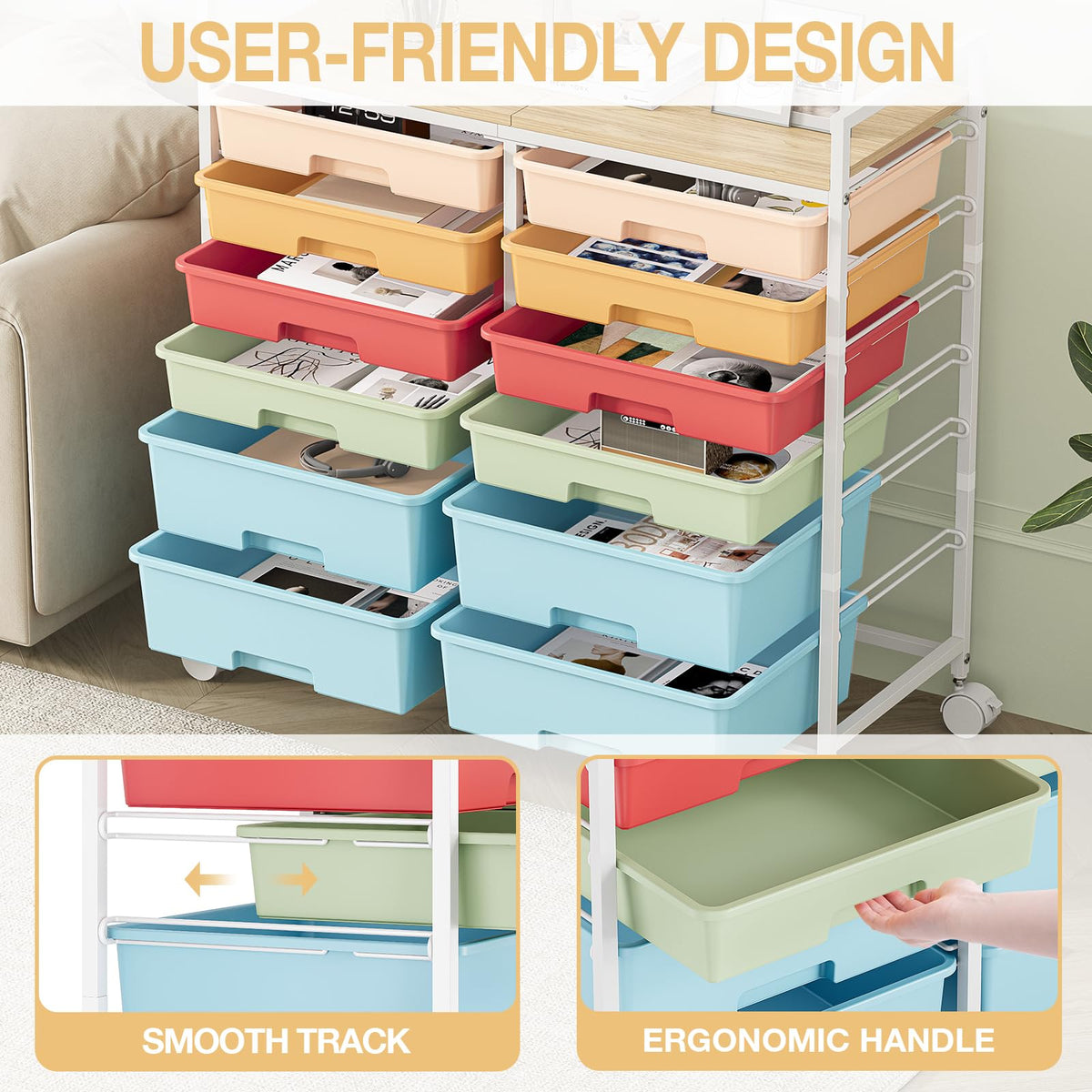 TOOLF 12 Drawers Rolling Storage Cart with Wooden Top for Classroom,White