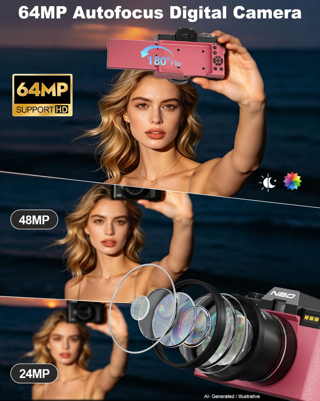 True 8K 64MP Digital Camera for Photography with Microphone(Black)
