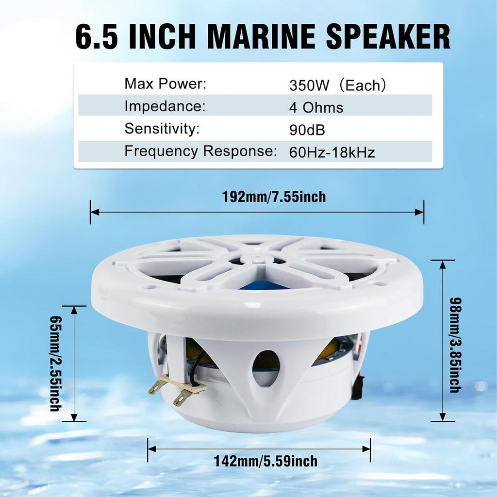 Herdio 6.5 Inch 350W Bluetooth Marine Speakers with Blue LED Light - 2 Way Waterproof Coaxial Speakers for Boats, ATVs, UTVs (A Pair, White)