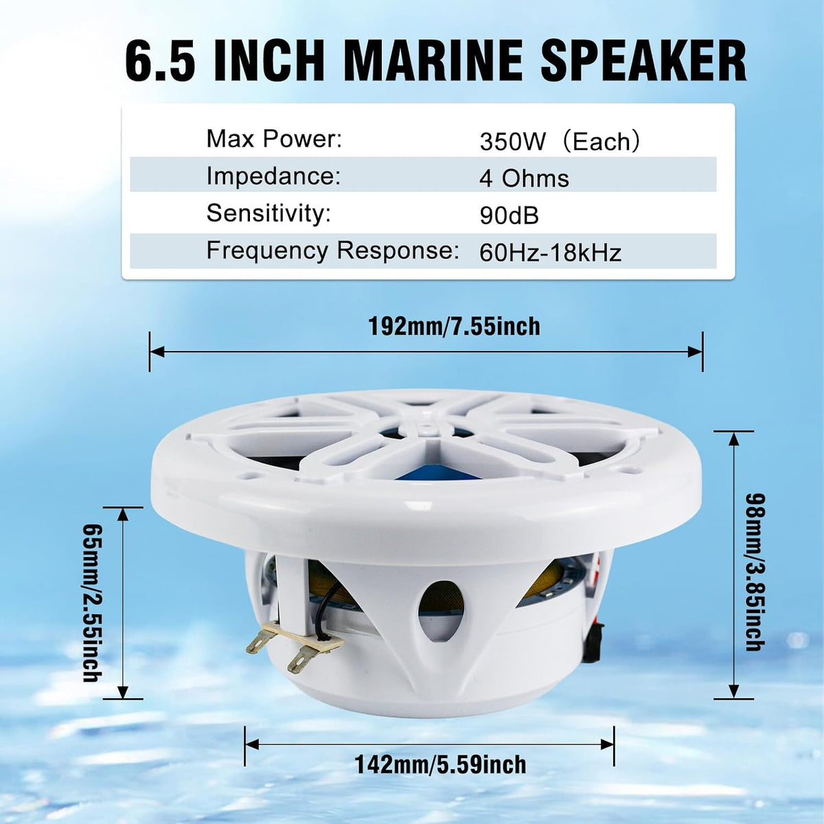 Herdio 6.5 Inch 350W Bluetooth Marine Speakers with Blue LED Light - 2 Way Waterproof Coaxial Speakers for Boats, ATVs, UTVs (A Pair, White)