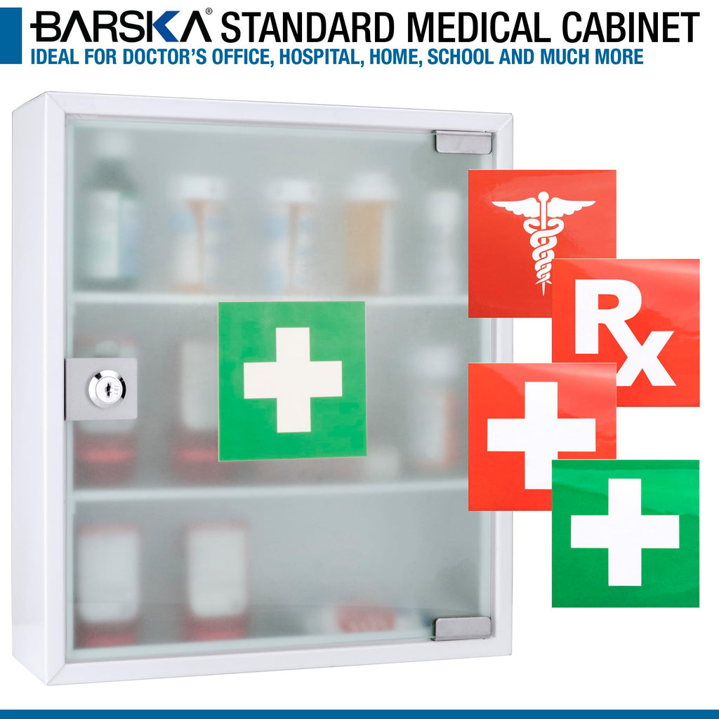 Barska Large Medical Cabinet â Locking Steel Medicine Storage Box with Shelves, Drop-Down Tray, Magnetic Dry Erase Pad, and Wall Mounting Holes - medicine cabinet organizer - Lock Box First Aid
